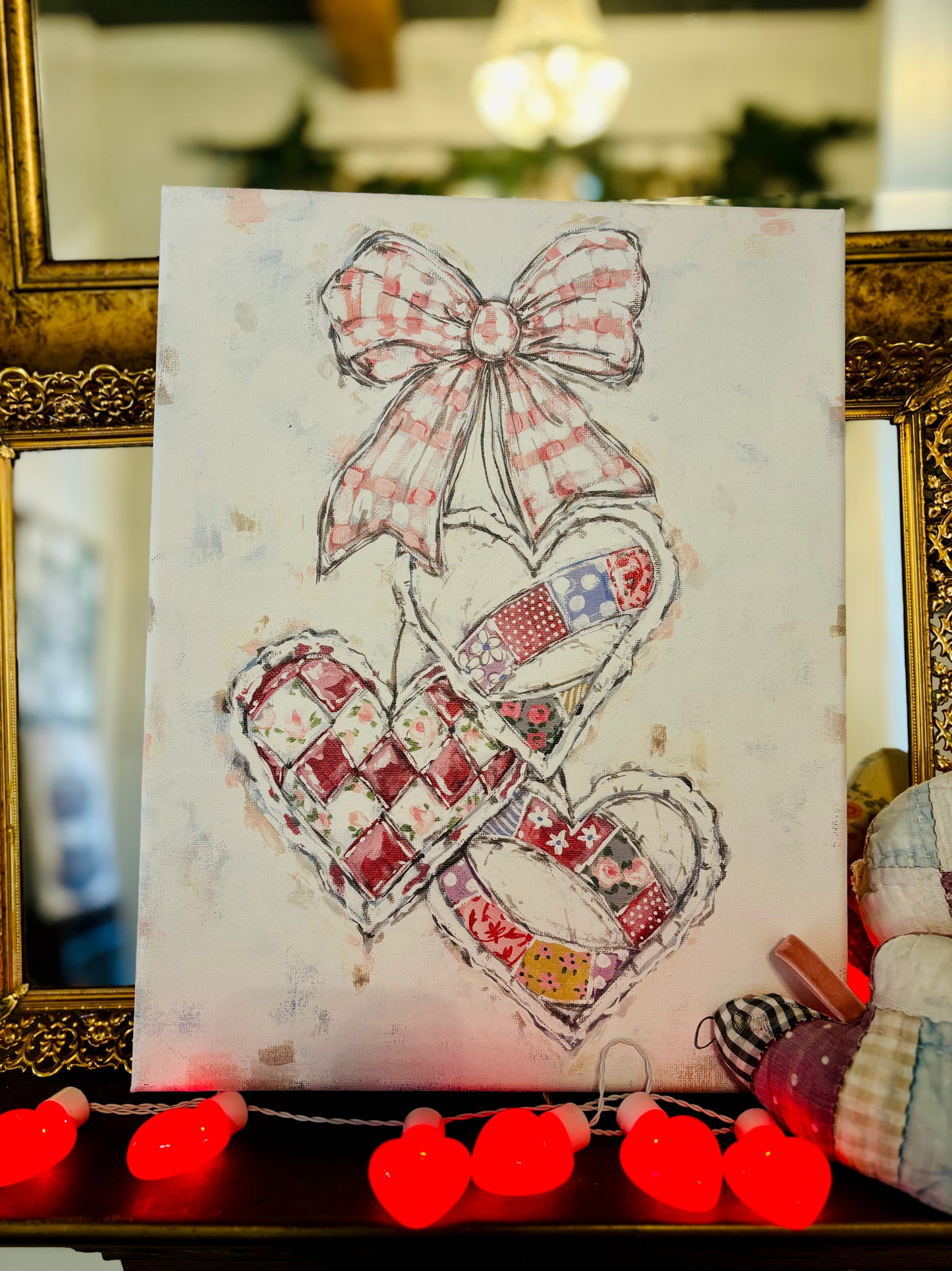 Quilted Hearts with Gingham Bow Canvas Print