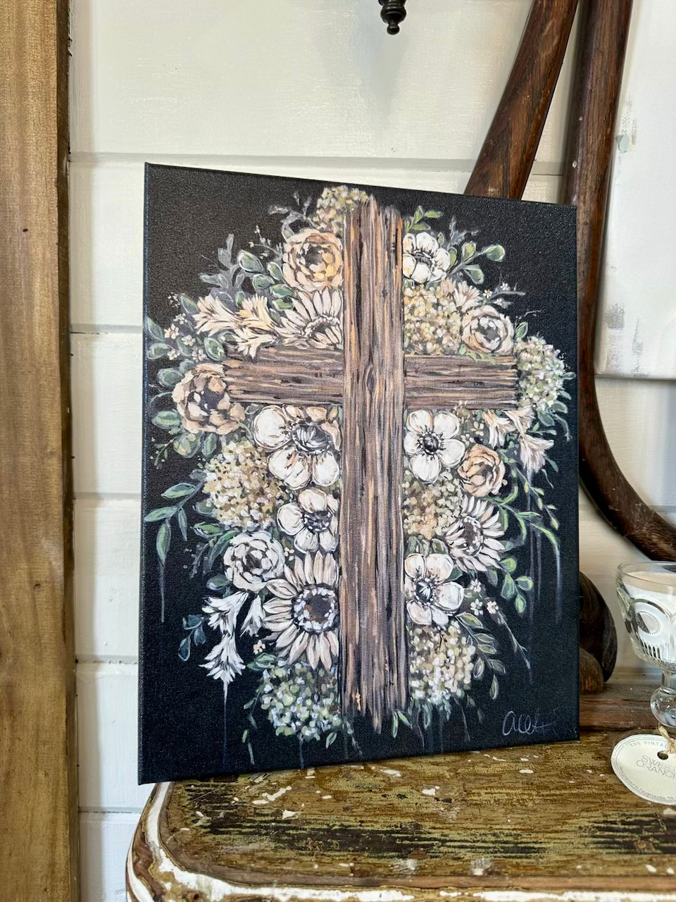 Neutral Floral Cross Canvas Print