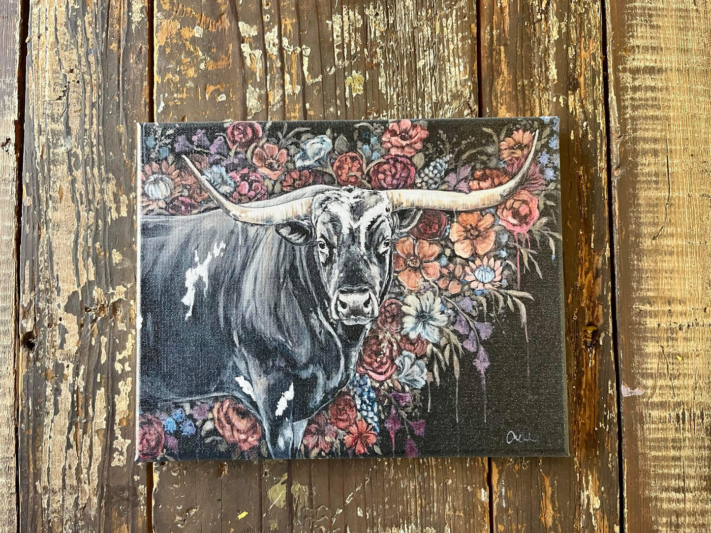 Longhorn in Florals 8x10