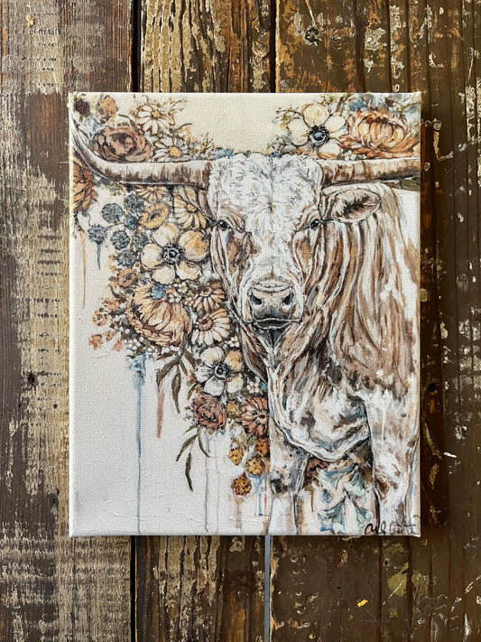 Longhorn in Florals-Cream 8x10