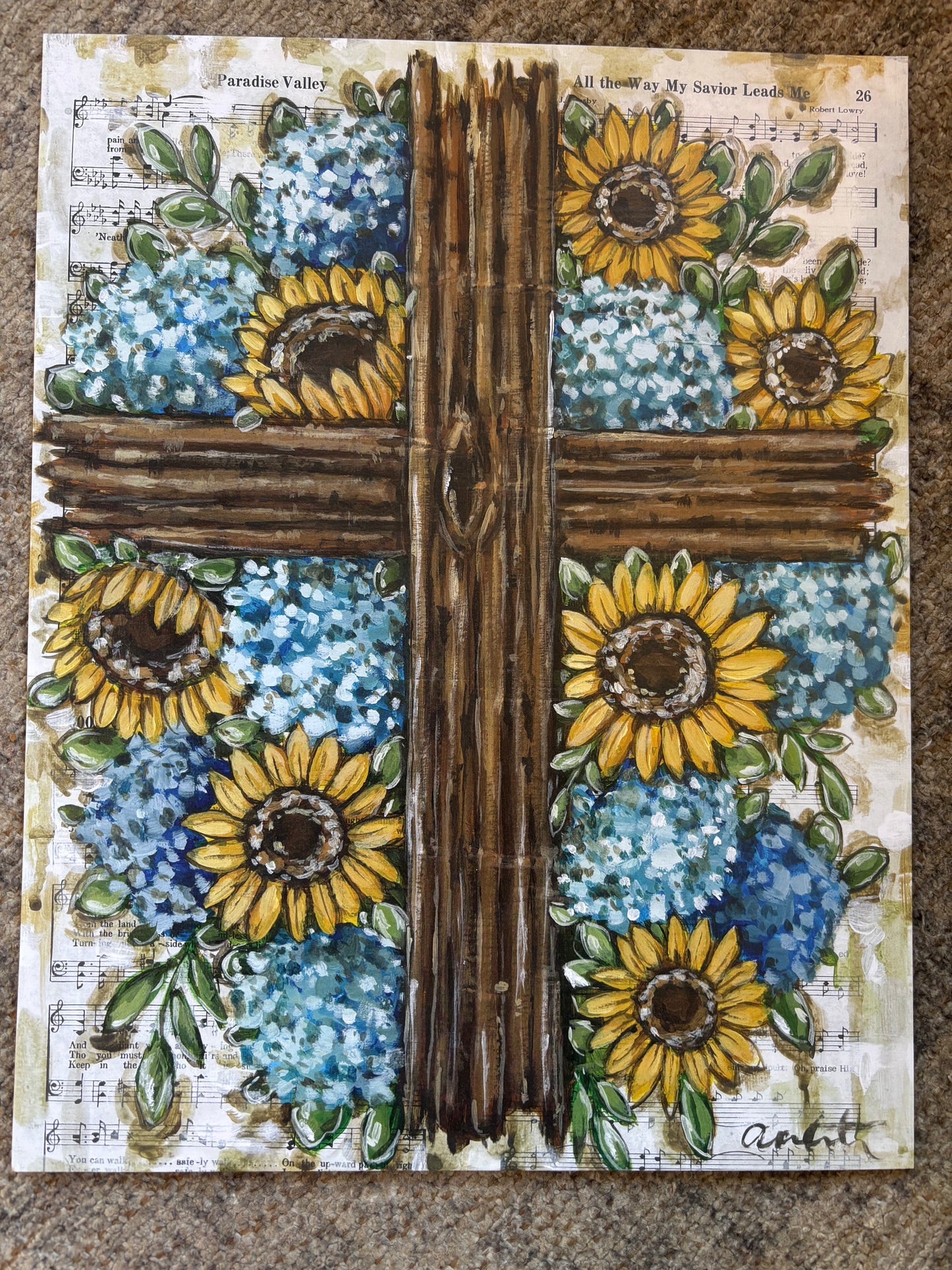 Hydrangea and Sunflower Cross Paper Print