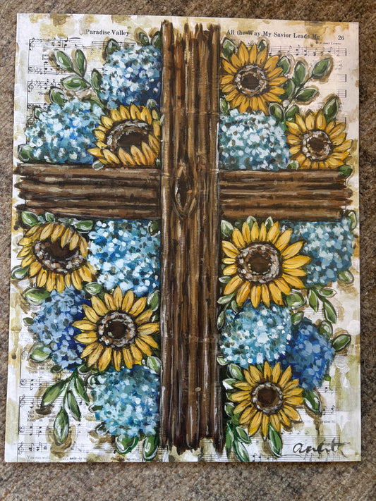Hydrangea and Sunflower Cross Paper Print