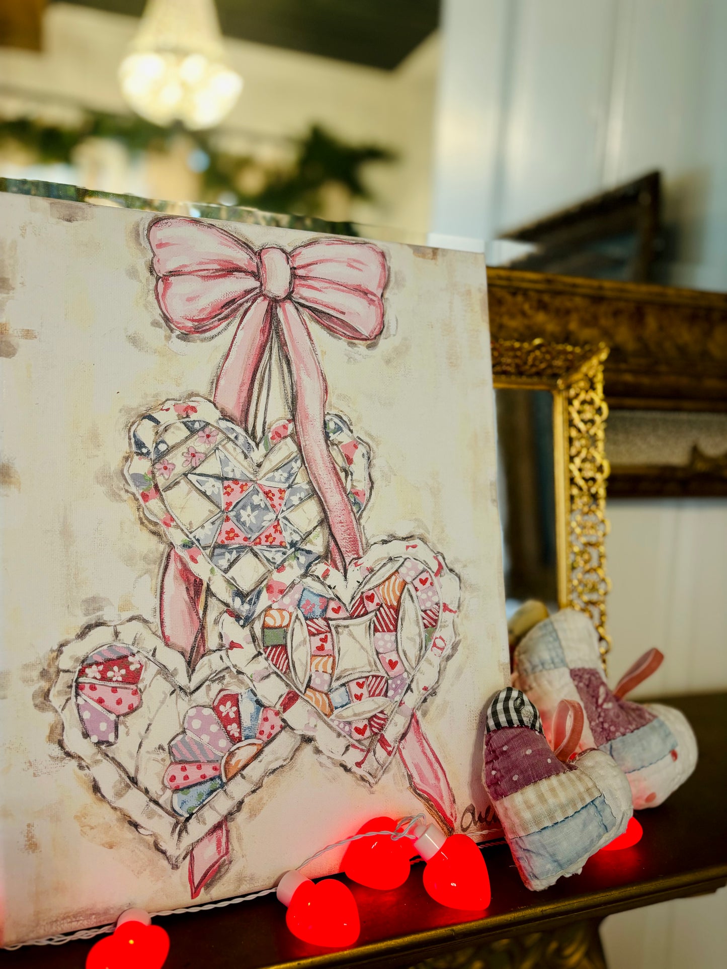 Quilted Hearts with Pink Bow 8x10