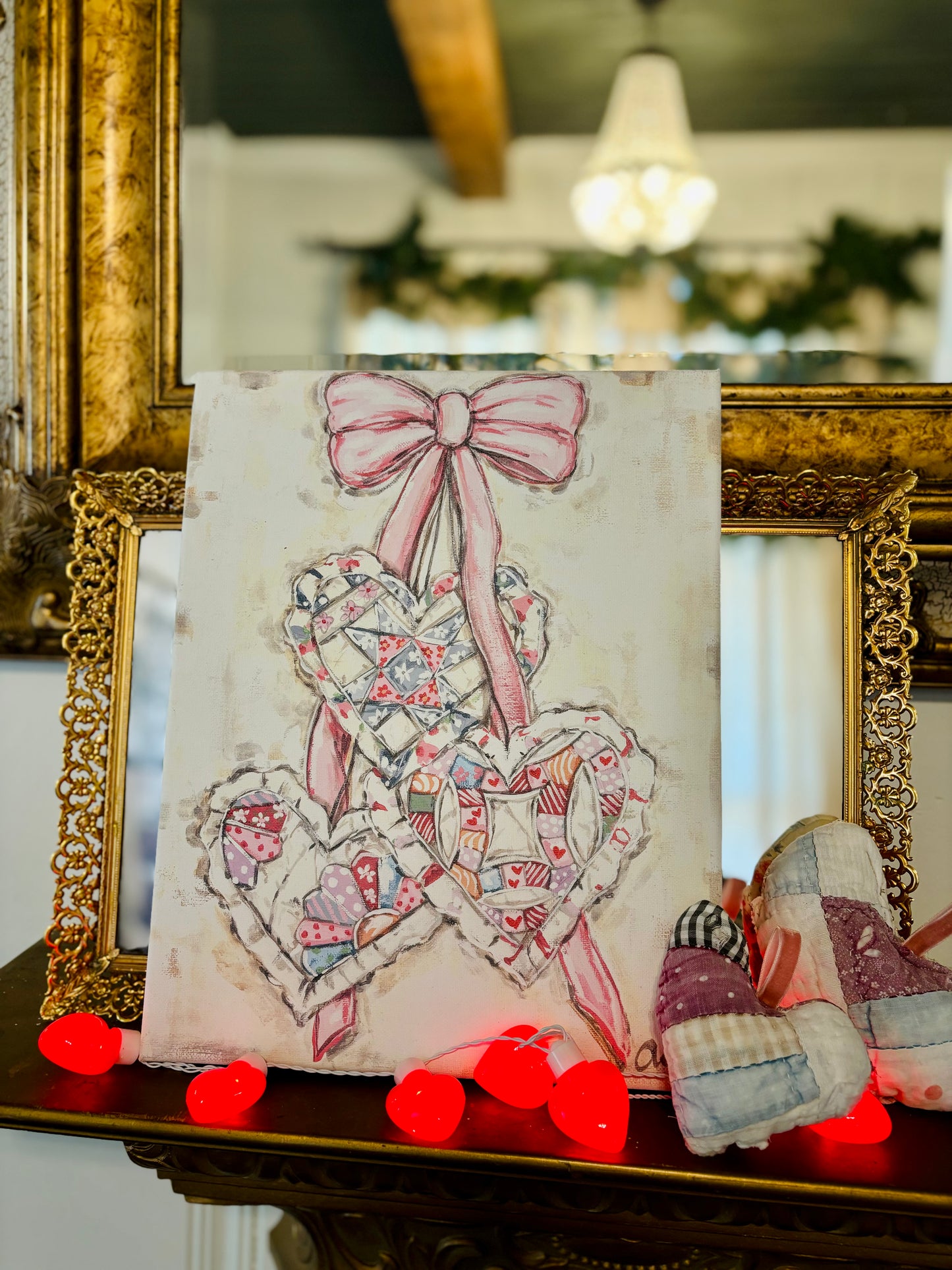 Quilted Hearts with Pink Bow 8x10