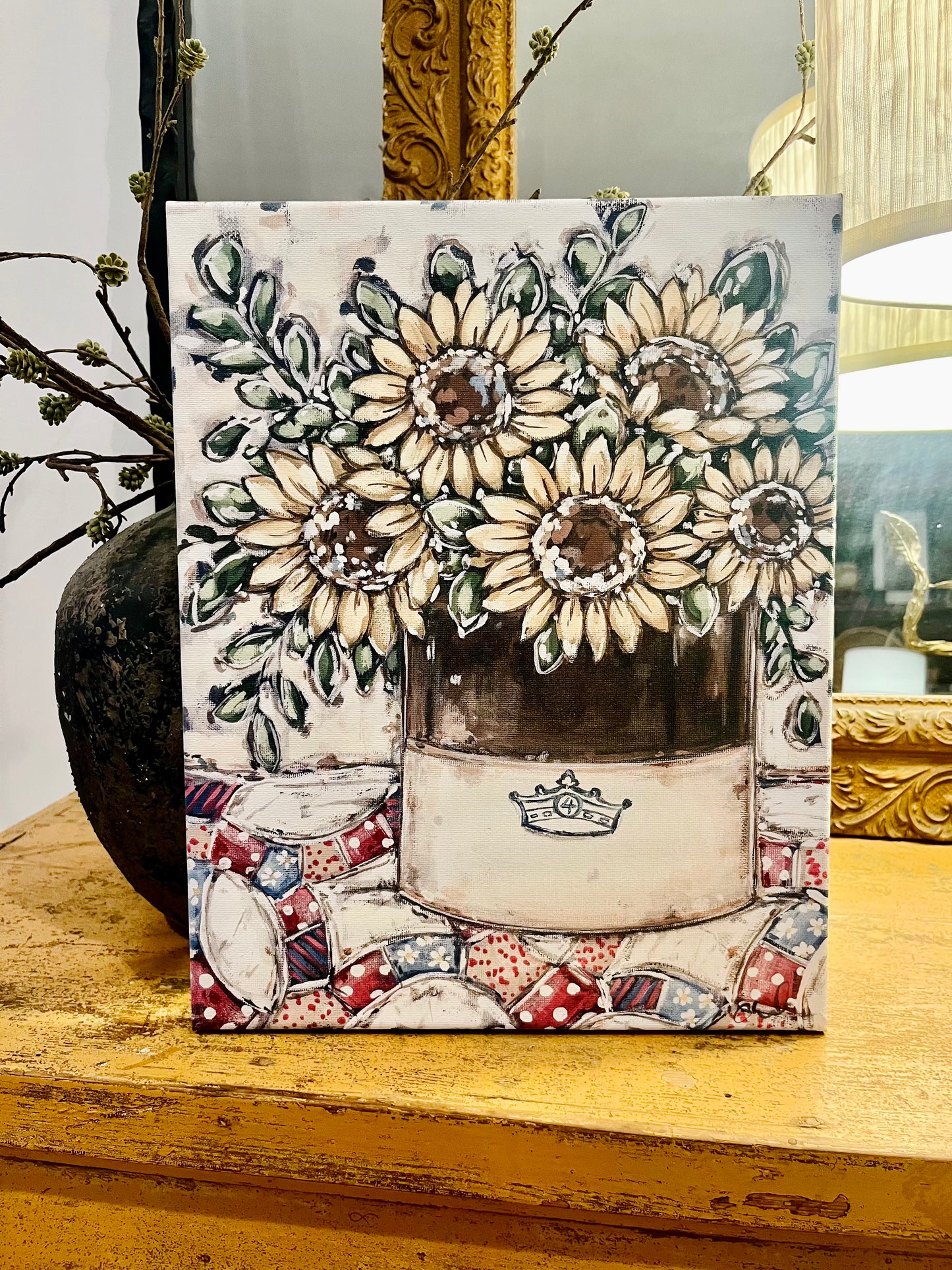 Sunflowers on Patriotic Quilt Canvas Print