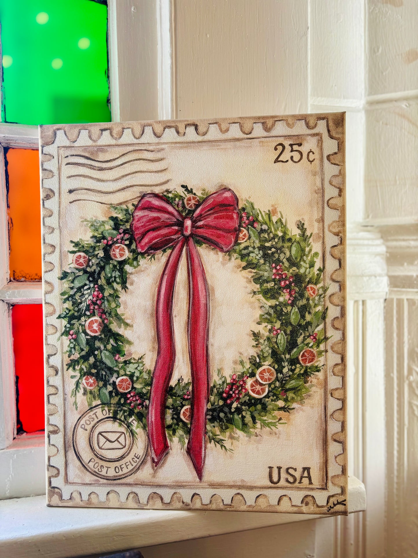 Christmas Wreath on Stamp Canvas Print
