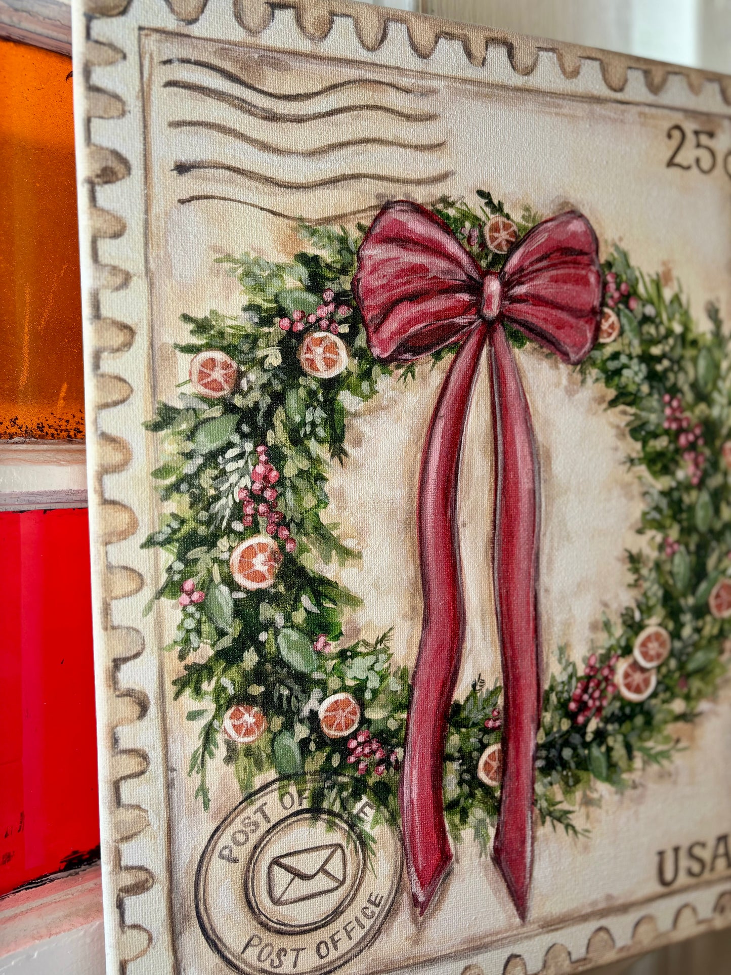 Christmas Wreath on Stamp Canvas Print