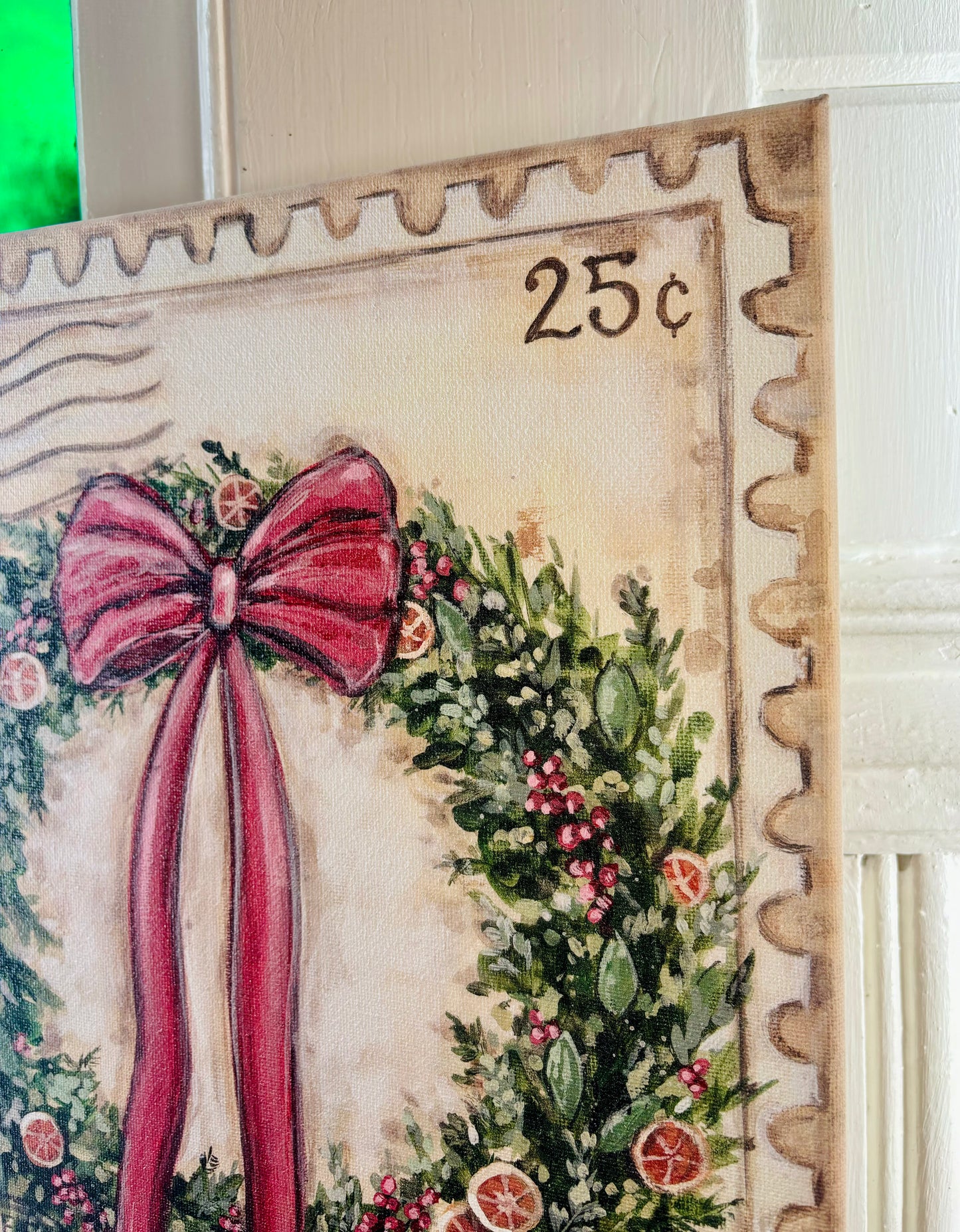 Christmas Wreath on Stamp Canvas Print