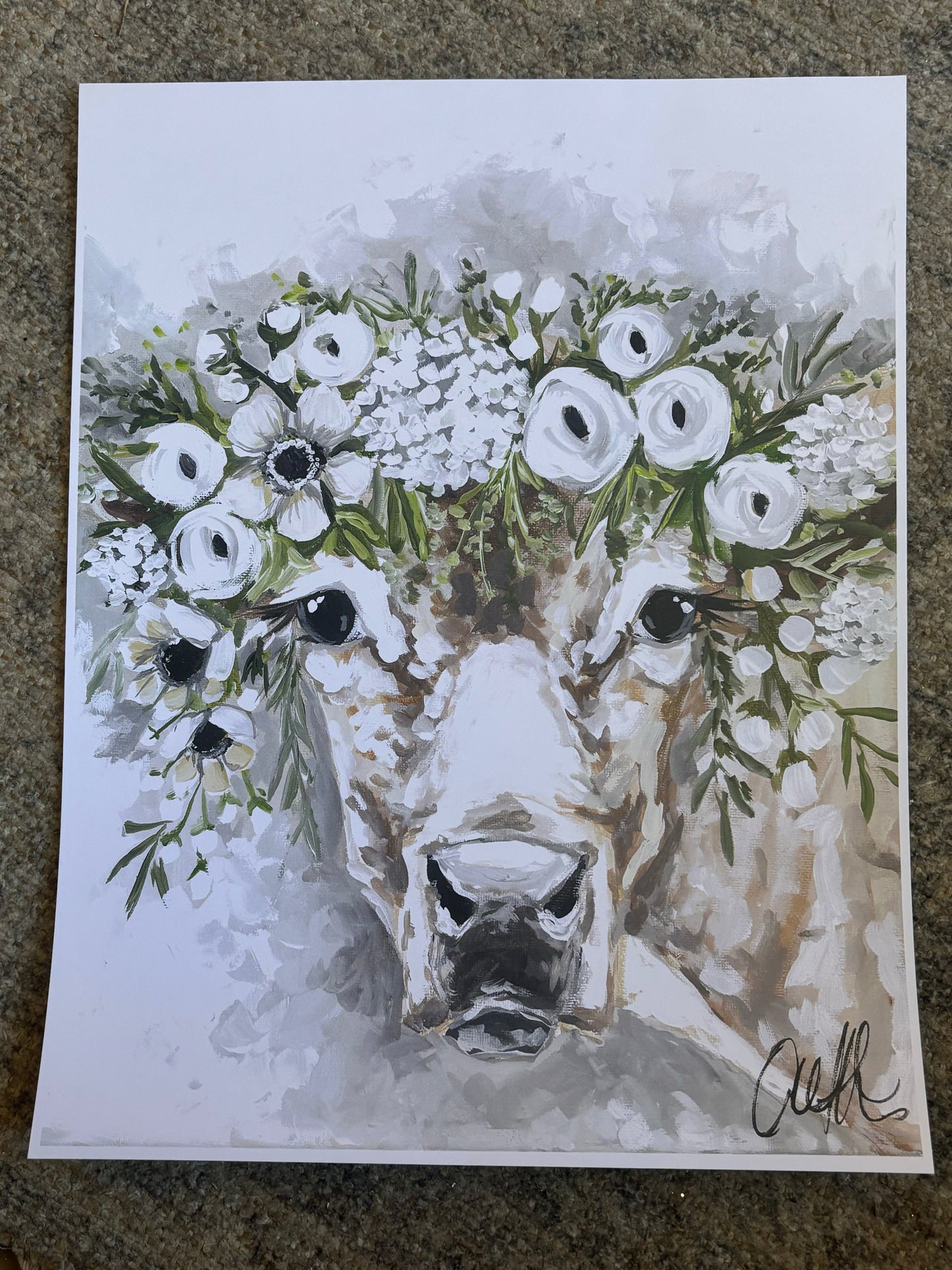 White Flower Crown Cow Paper Print 8x10