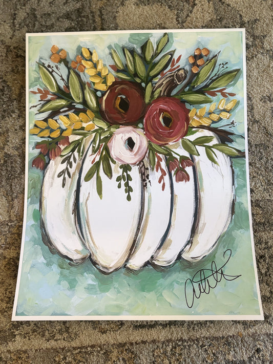 Pumpkin with Teal Background Paper Print 8x10