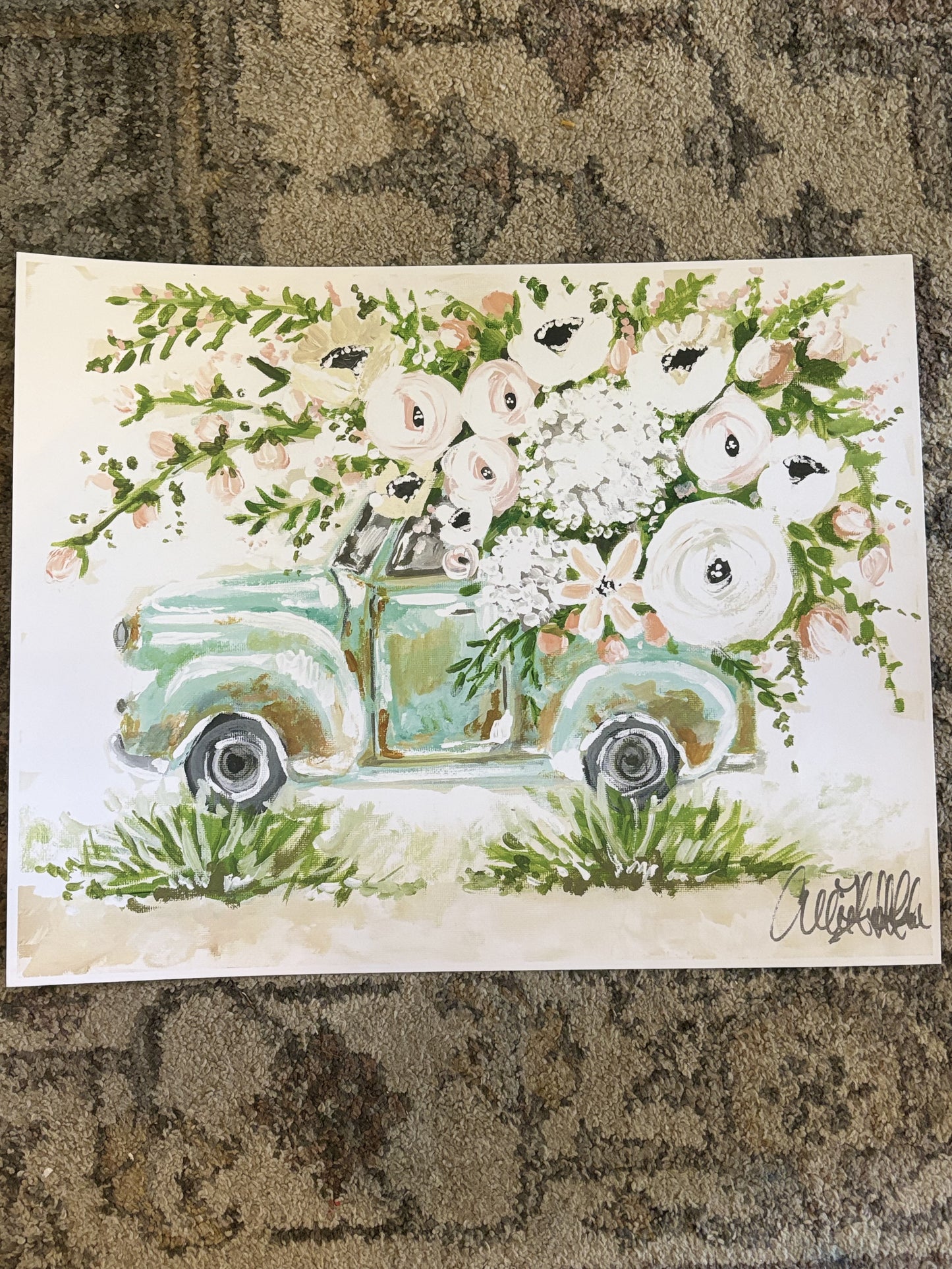 Teal Floral Truck Paper Print 8x10