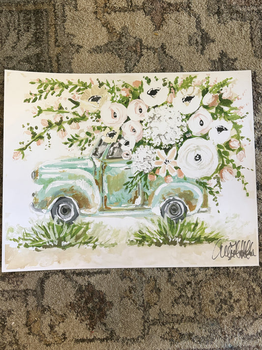 Teal Floral Truck Paper Print 8x10