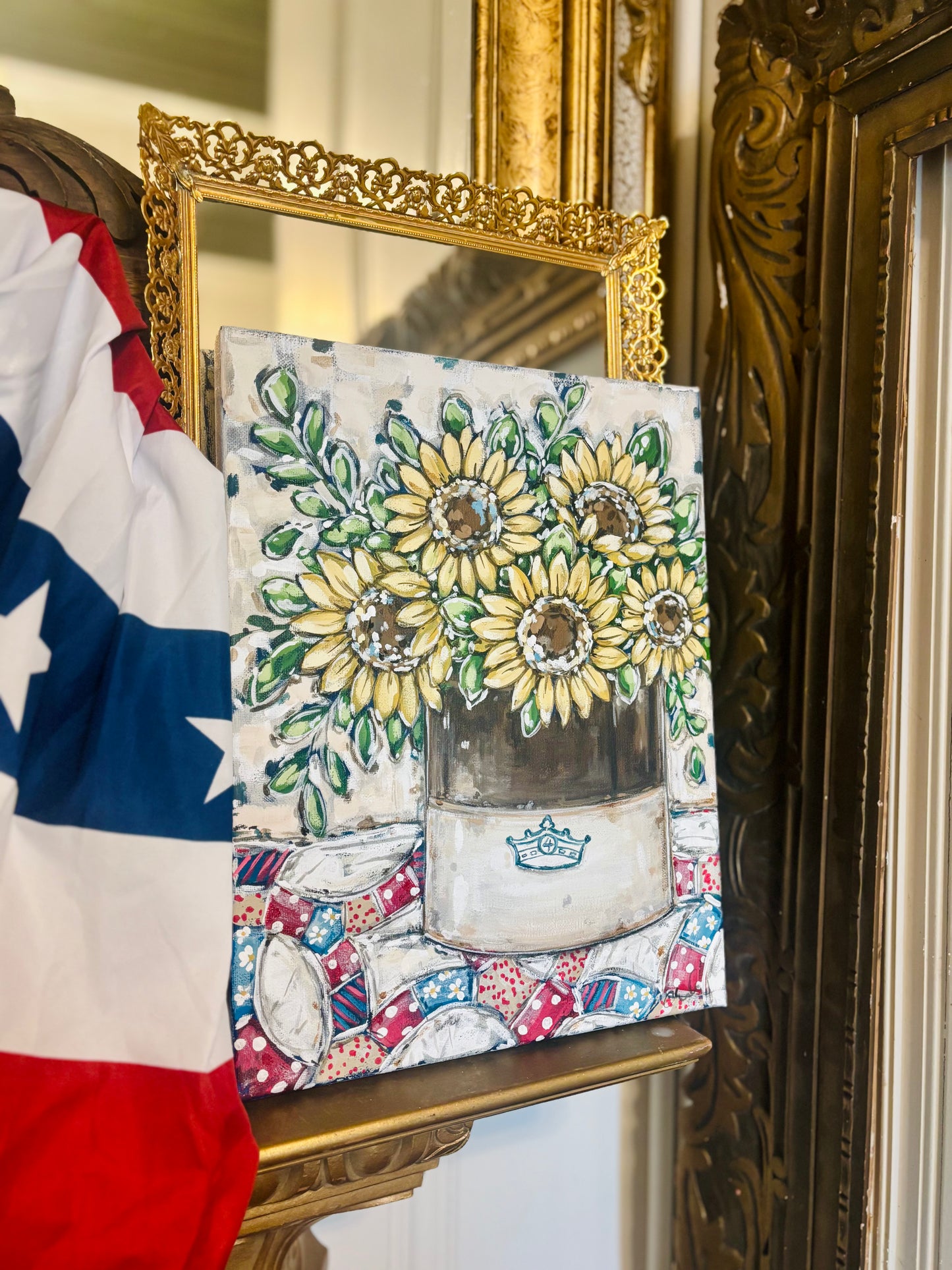 Original Sunflowers on Patriotic Quilt