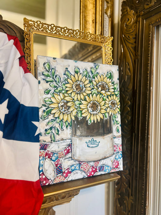 Original Sunflowers on Patriotic Quilt