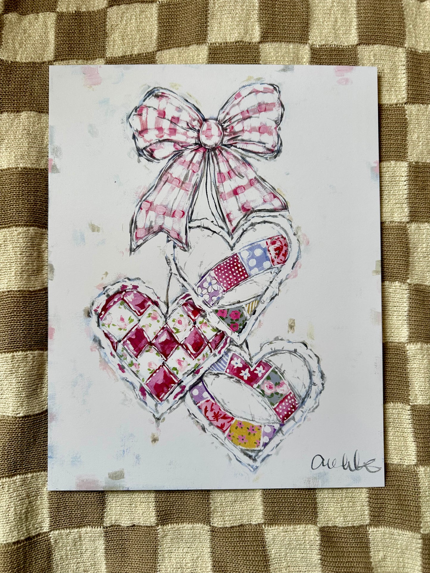 Quilted Hearts with Gingham Bow Paper Print 8x10