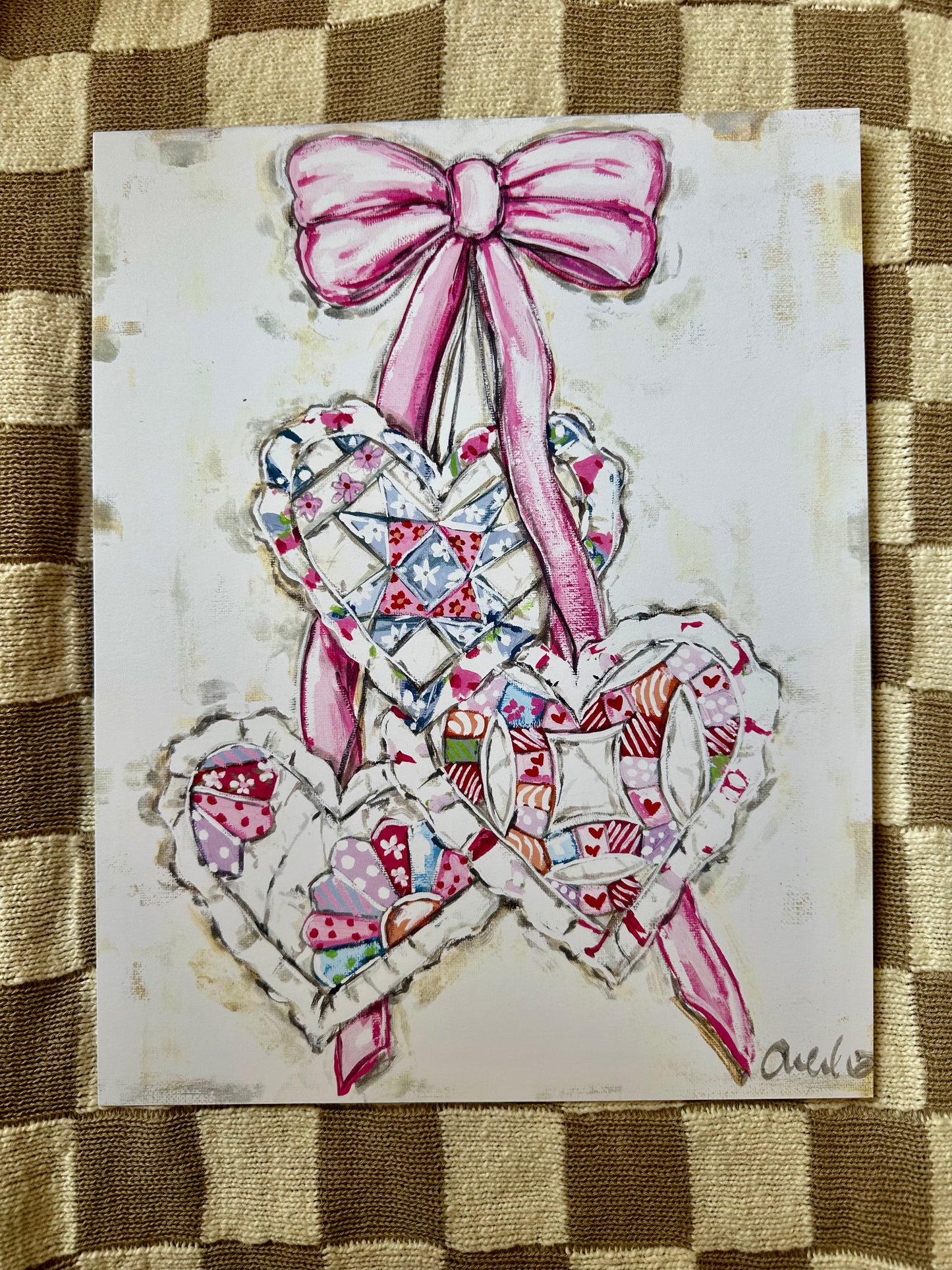 Quilted Hearts with Pink Bow Paper Print 8x10