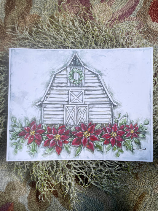 Poinsettia Barn Paper Print 8x10