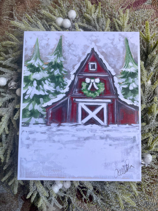 Red Christmas Barn Paper Print 8x10