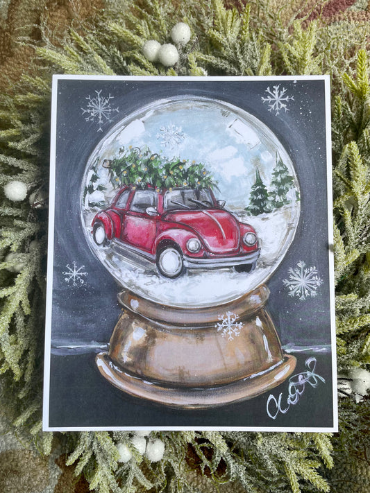 Snow-globe Red Car Paper Print 11x14