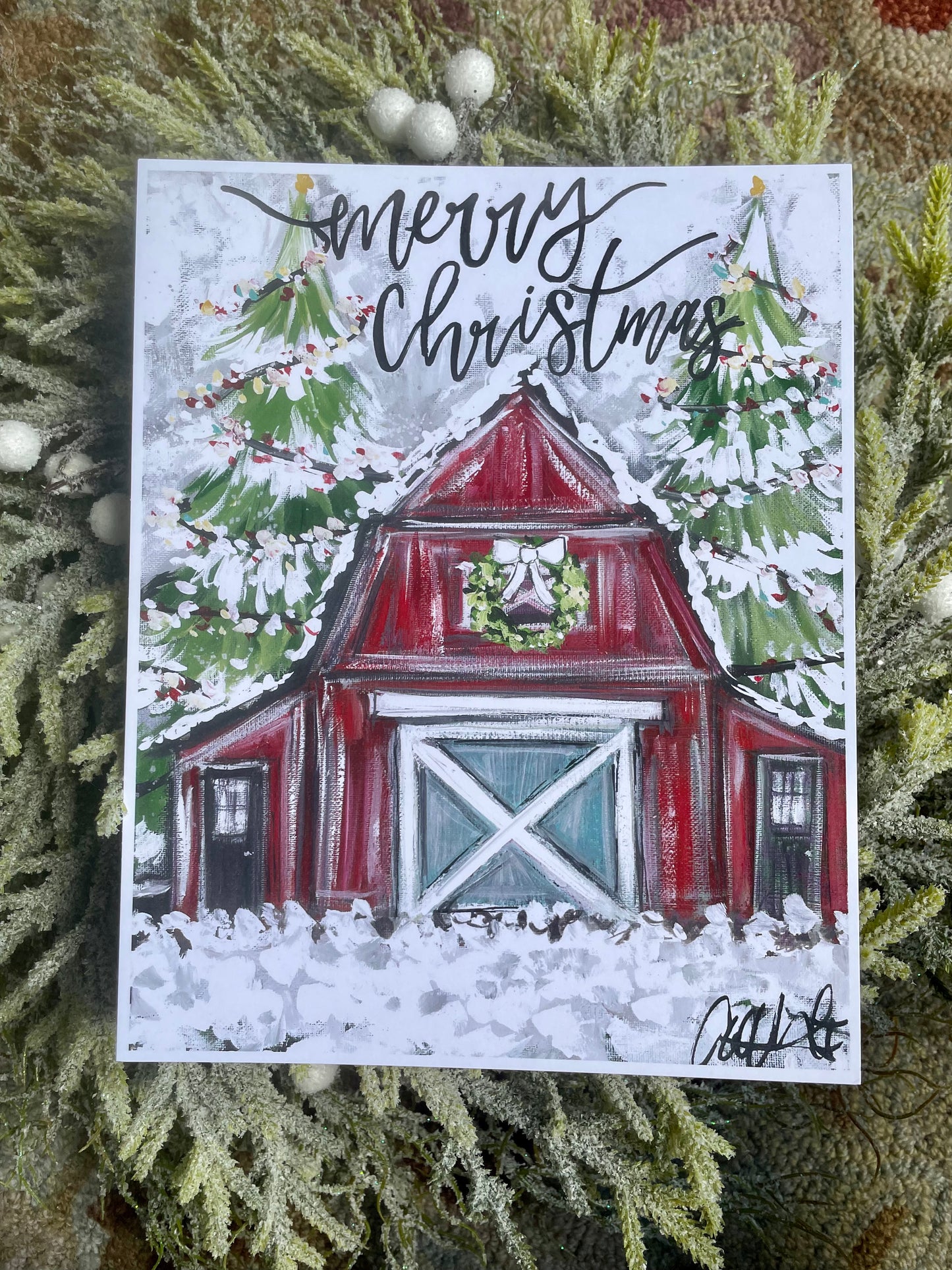 Merry Christmas Red Barn Paper Print 8x10