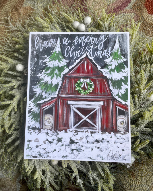 Barn in Snow Paper Print 8x10