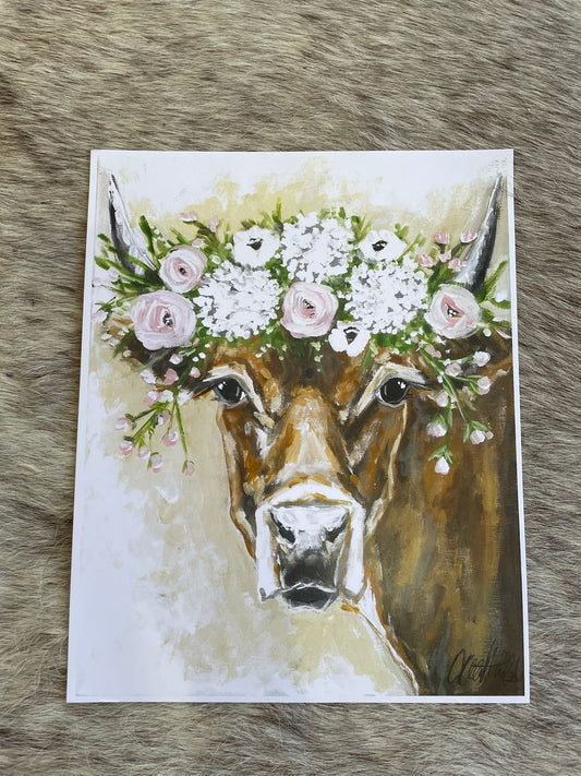 Floral Brown Cow Paper Print 11x14