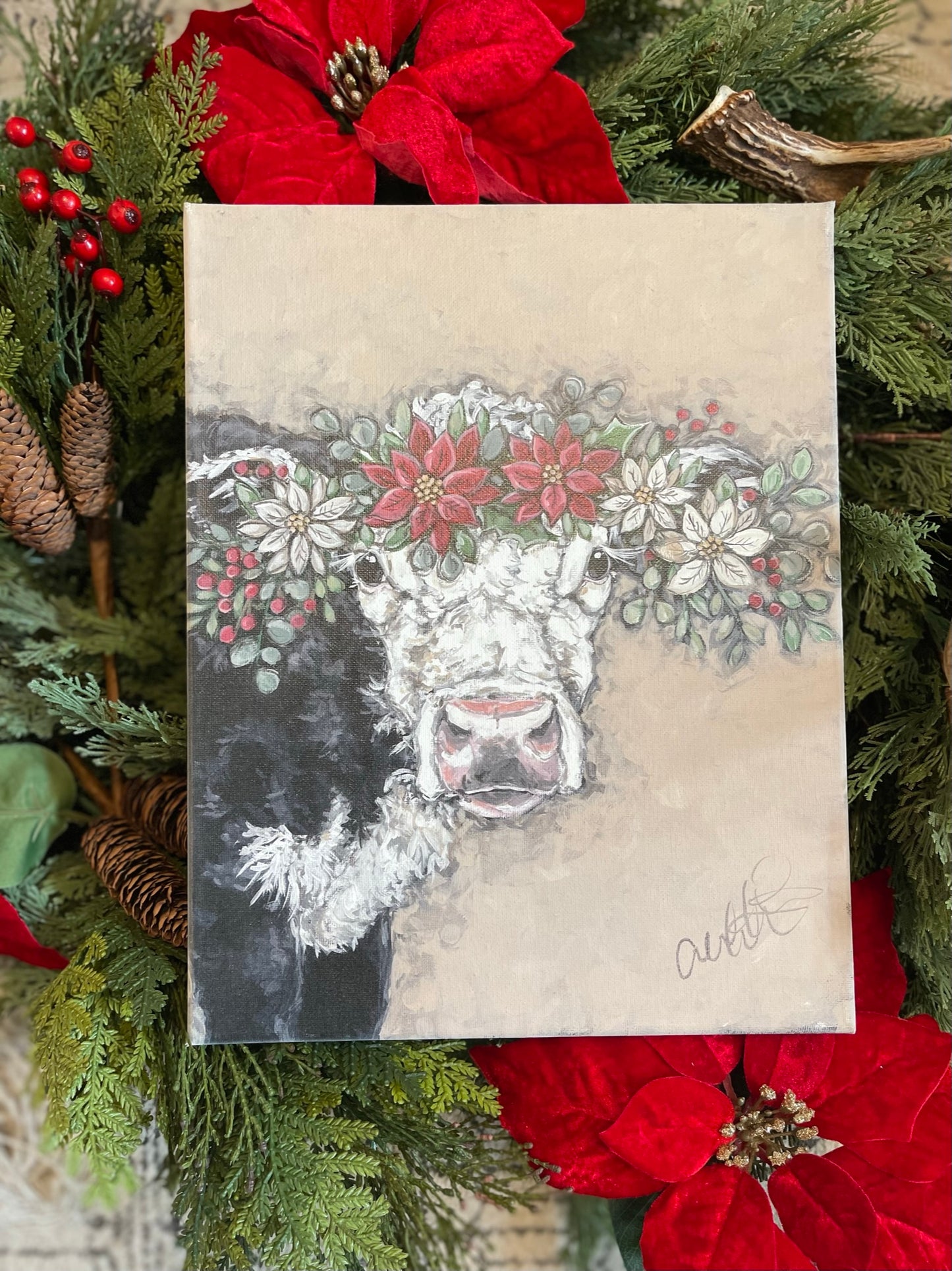 Poinsettia Cow 16x20